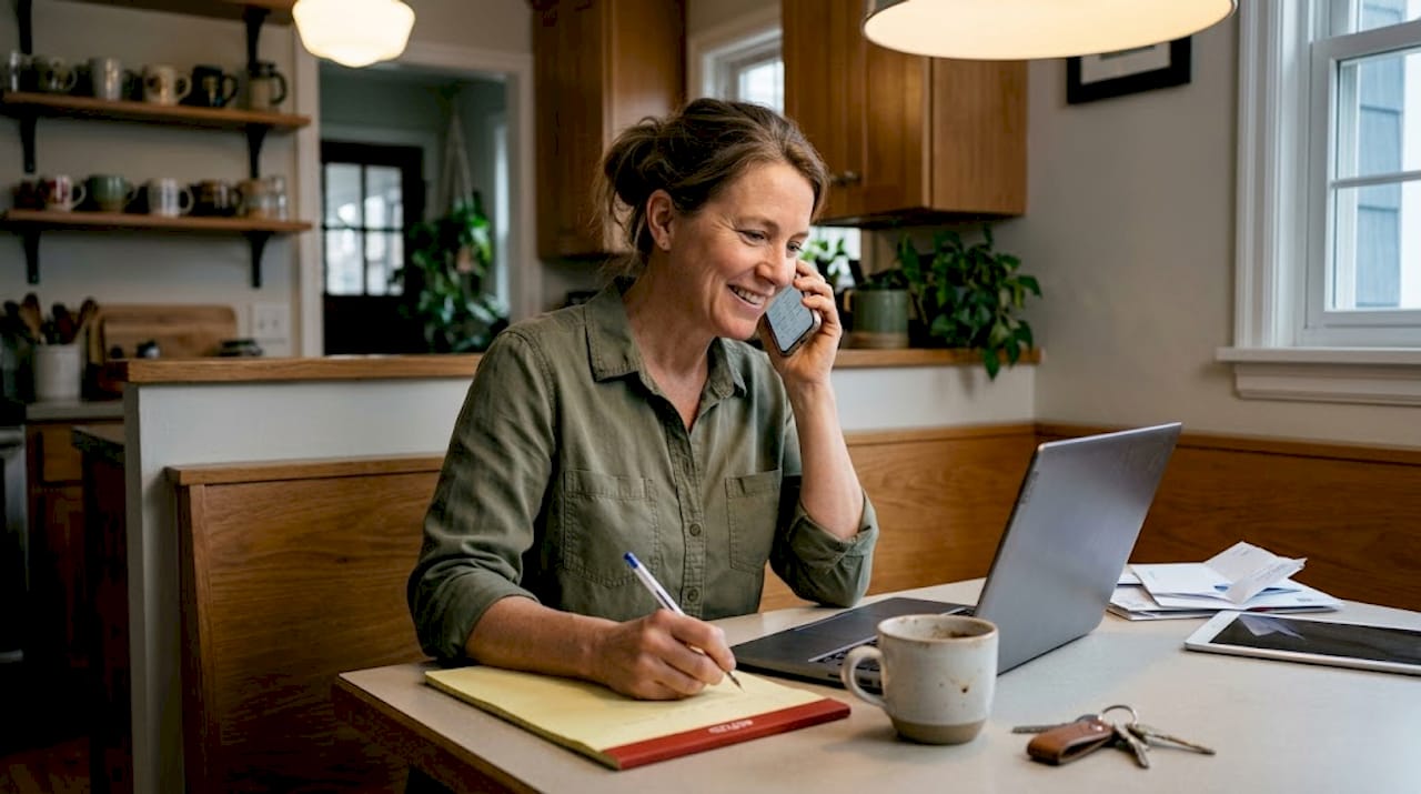 Female contractor call at kitchen table workspace