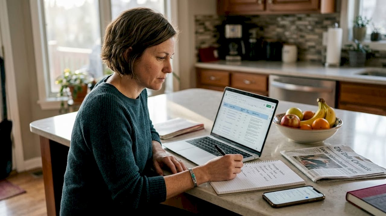 Business owner reviews SEO schema on laptop