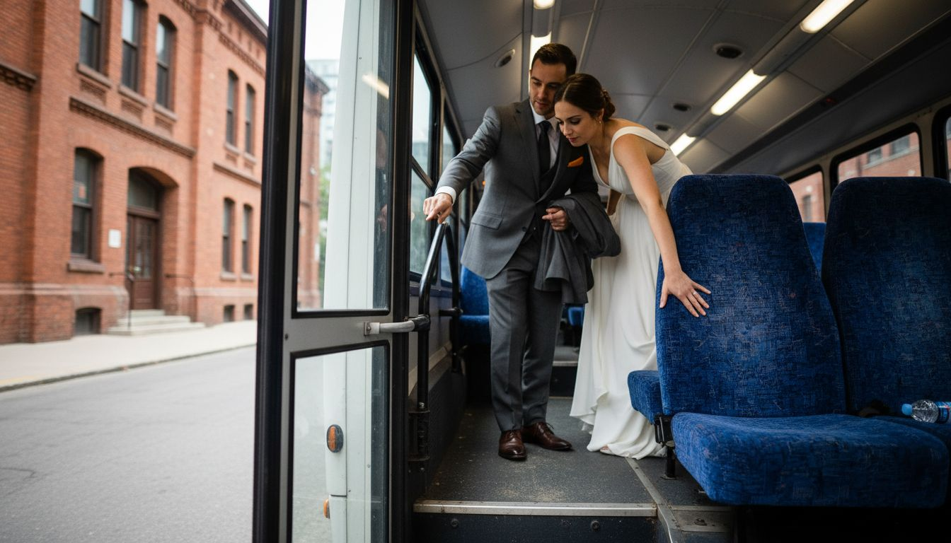 Couple inspects accessible shuttle interior Toronto