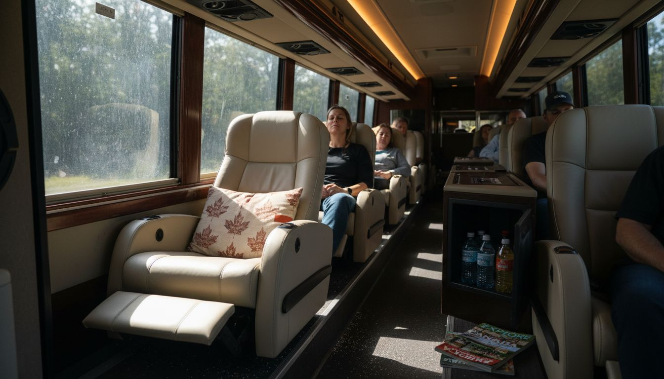 Spacious luxury bus interior with passengers