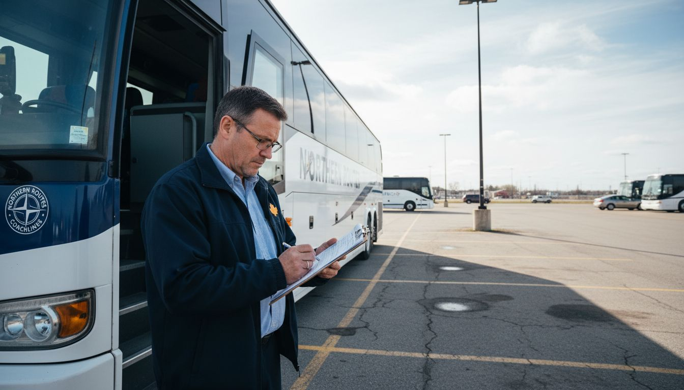 Bus driver inspecting coach for safety
