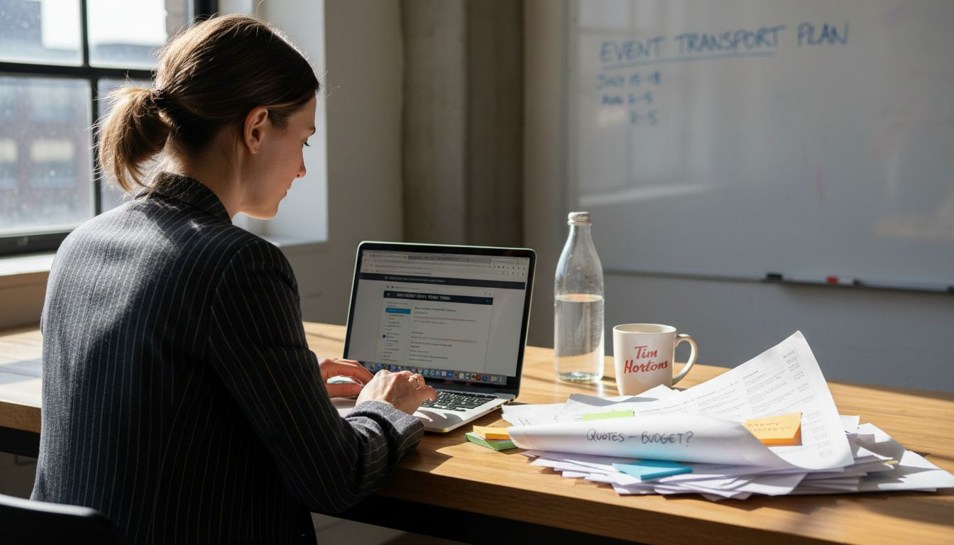 Coordinator sorting bus rental quotes at desk