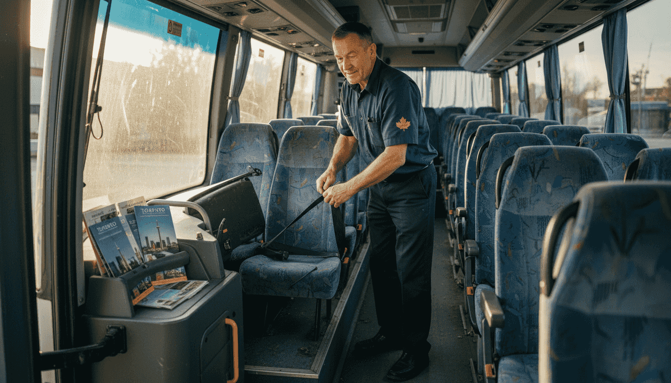 Driver inside charter bus showing amenities