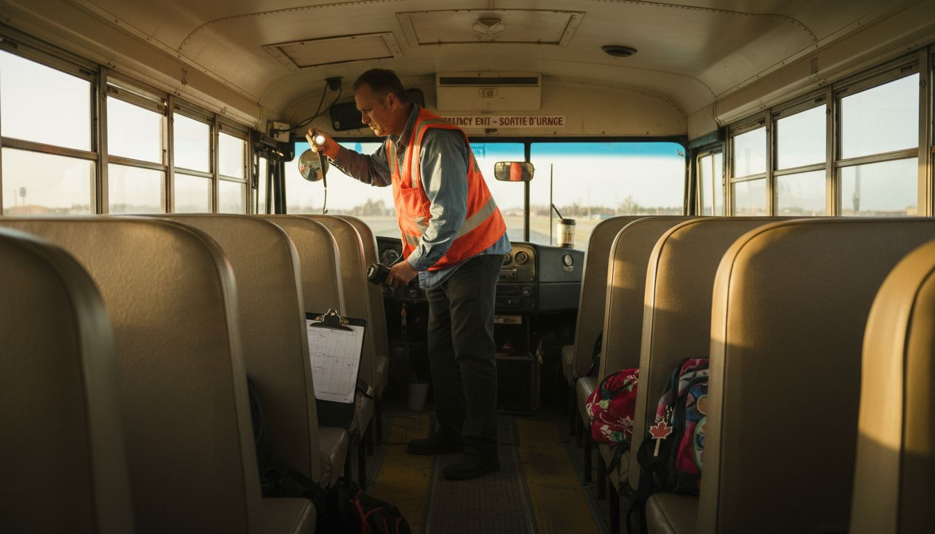 Bus driver checking safety equipment