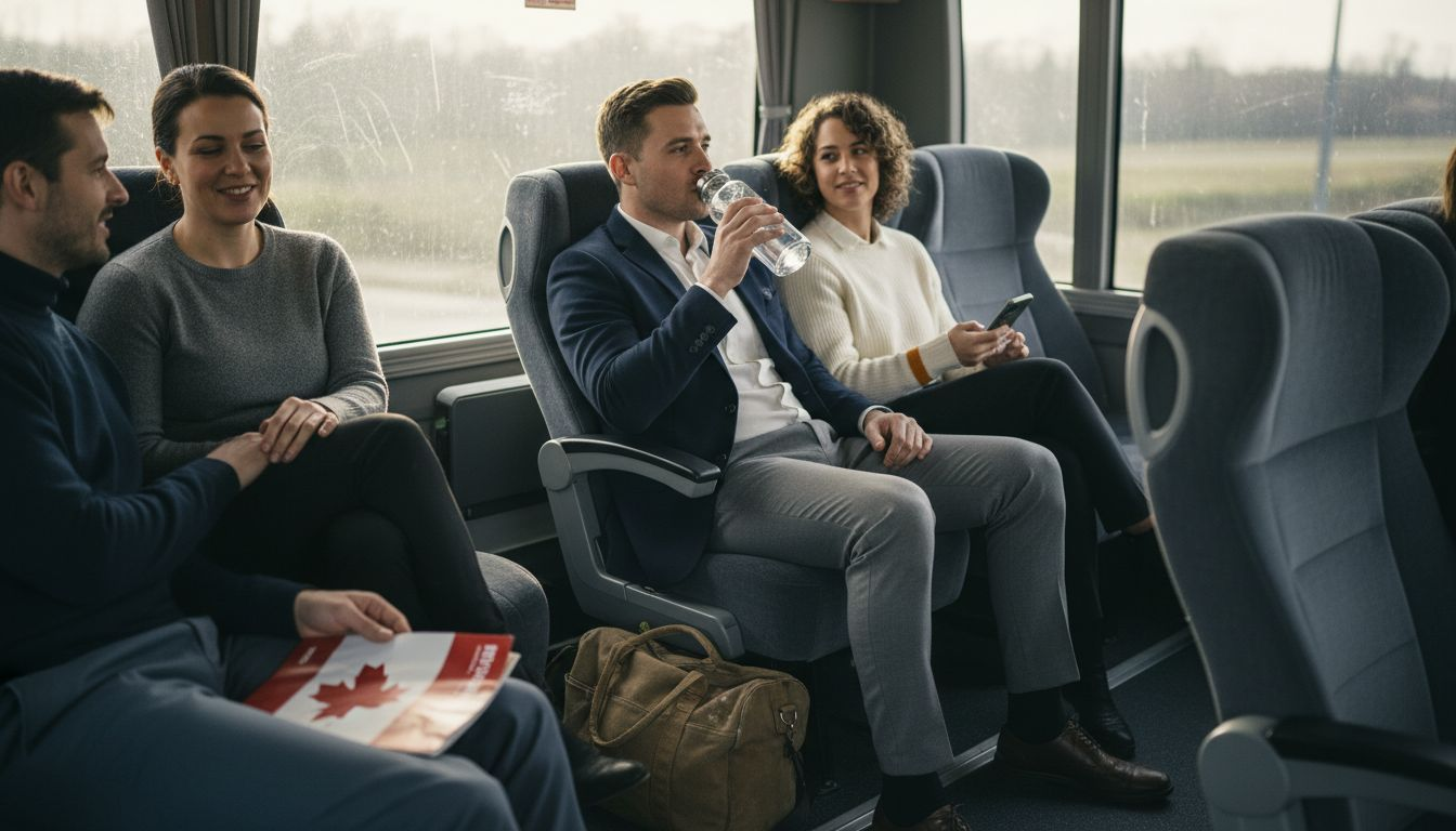 Business group riding in comfortable bus interior