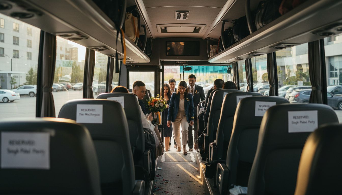 Wedding guests boarding motor coach interior