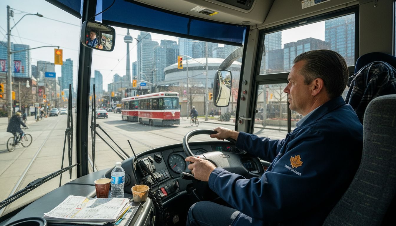 Bus driver steering through Toronto streets