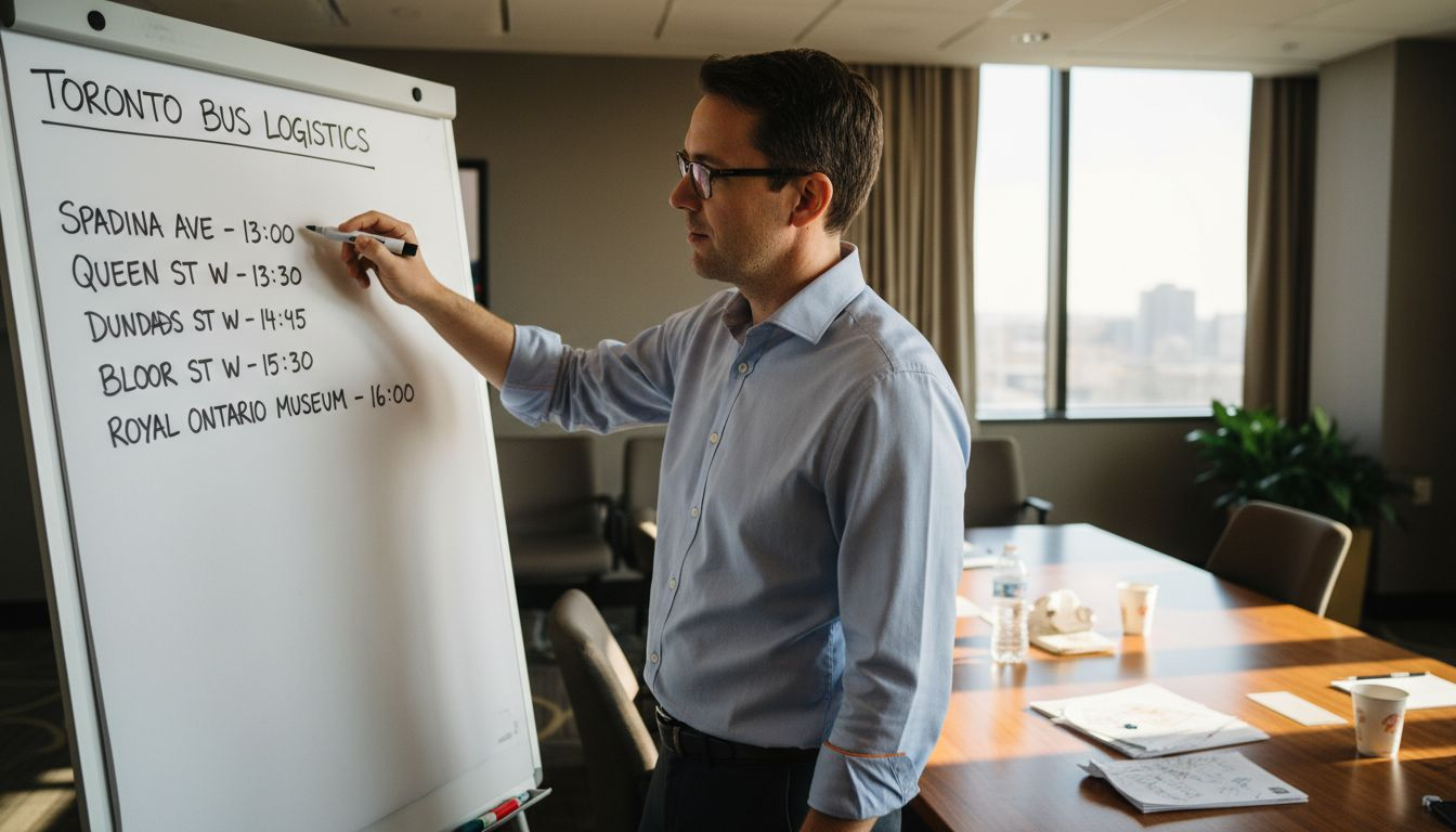 Planner mapping bus routes in conference room