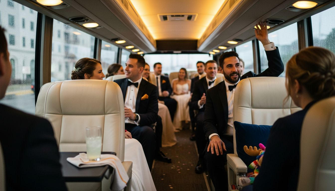 Wedding guests inside luxury bus with amenities