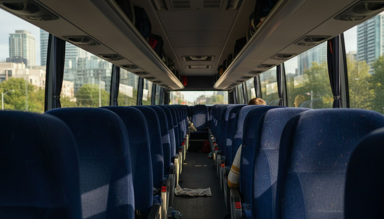 Inside motor coach with visible amenities