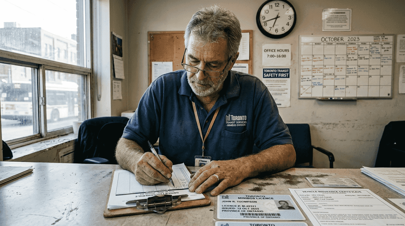 Minibus driver checking licensing paperwork in office