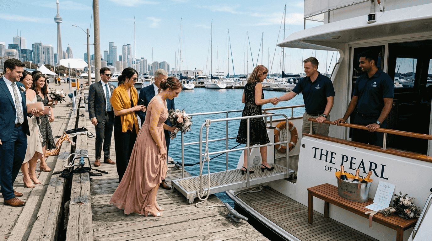 Guests boarding wedding yacht at Toronto Harbour