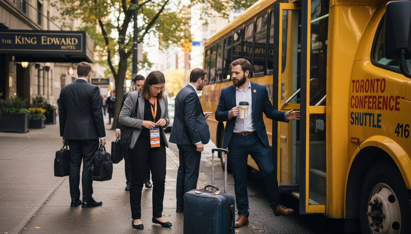 Attendees boarding shuttle bus for event