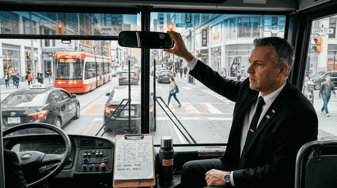 Chauffeur driving party bus through Toronto traffic