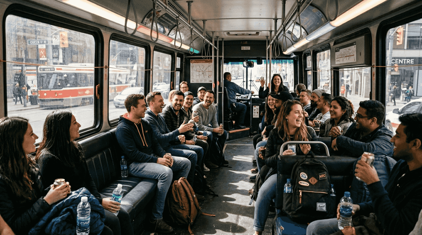 Group inside Toronto party bus interior
