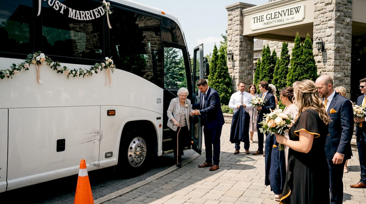Guests exiting luxury wedding coach at venue entrance