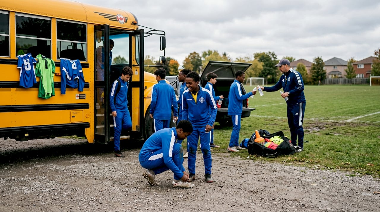Youth sports team unloading from charter bus