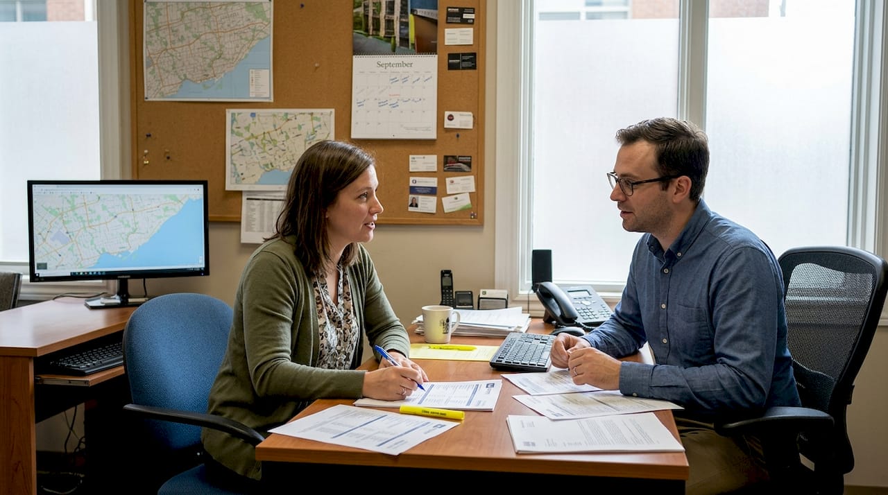 Customer reviewing bus rental options at office