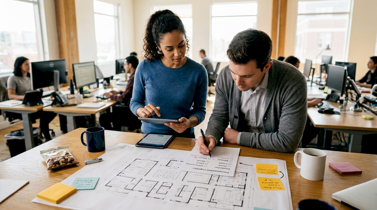 Coworkers selecting corporate outing bus type