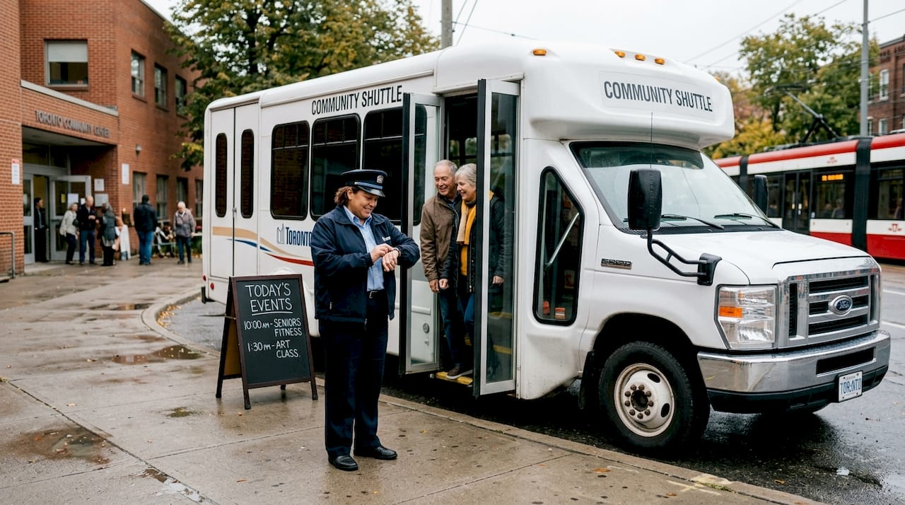 Shuttle bus driver and guests at Toronto event