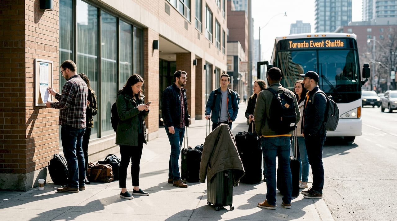 Attendees check schedule beside event shuttle bus