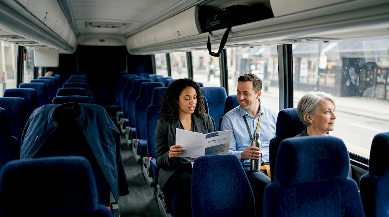 Attendees talk inside private bus during event