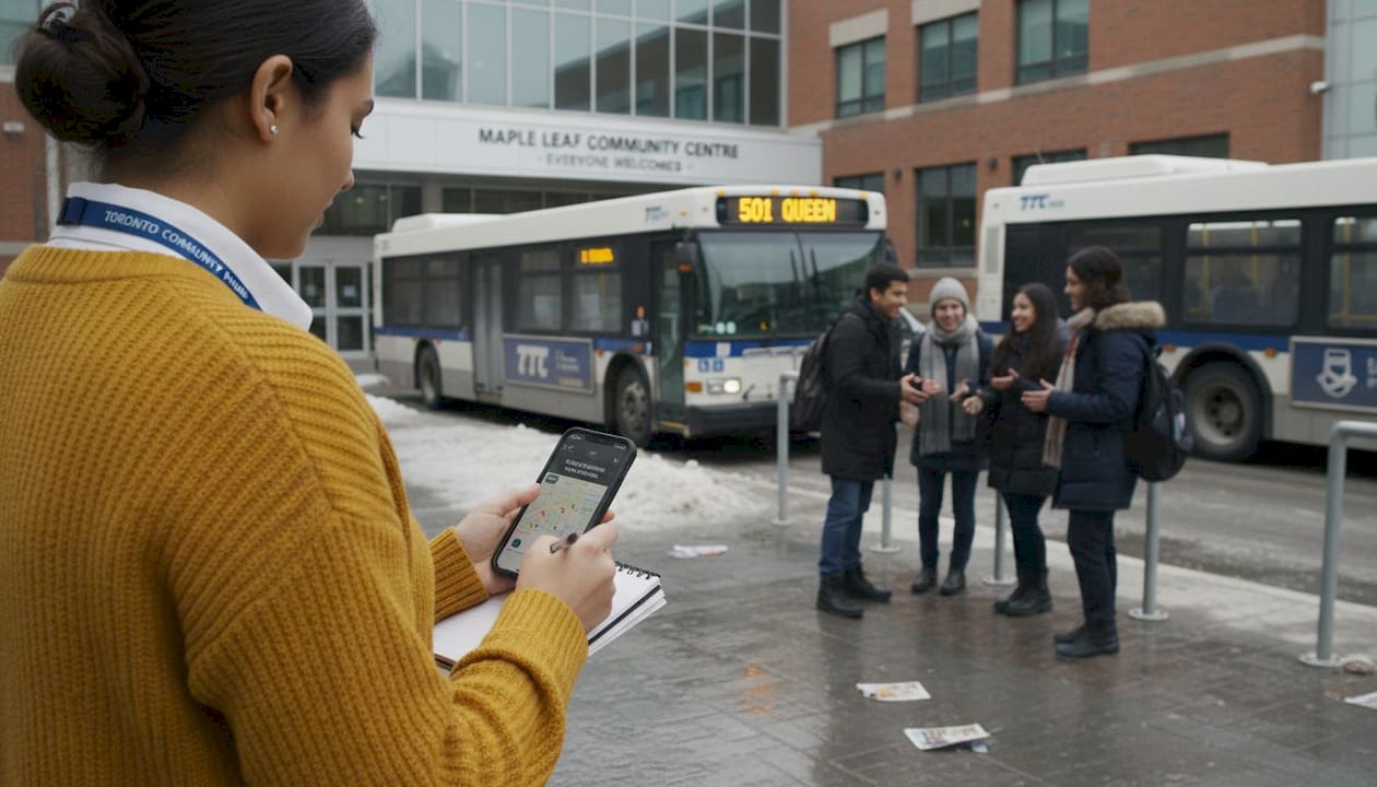 Teacher organizing students at bus pickup area