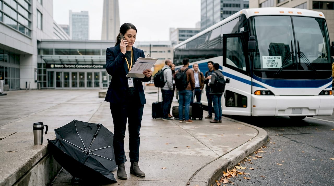 Event planner managing charter bus arrivals