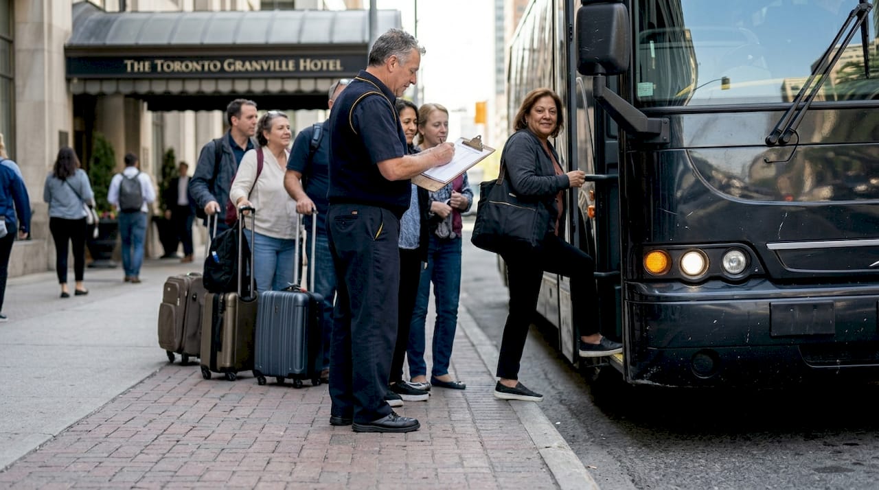 Bus driver helping guests board in Toronto