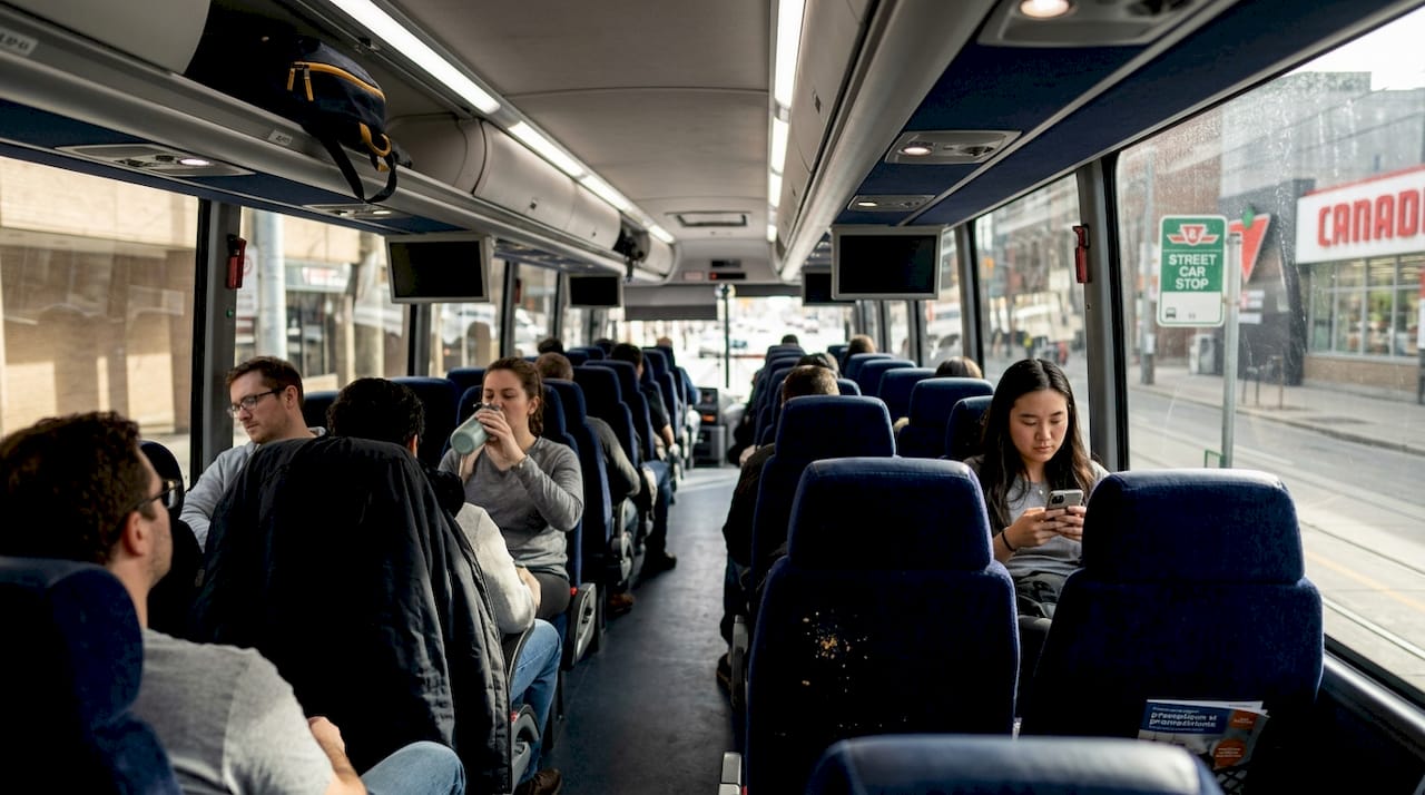 Coach bus interior with visible amenities