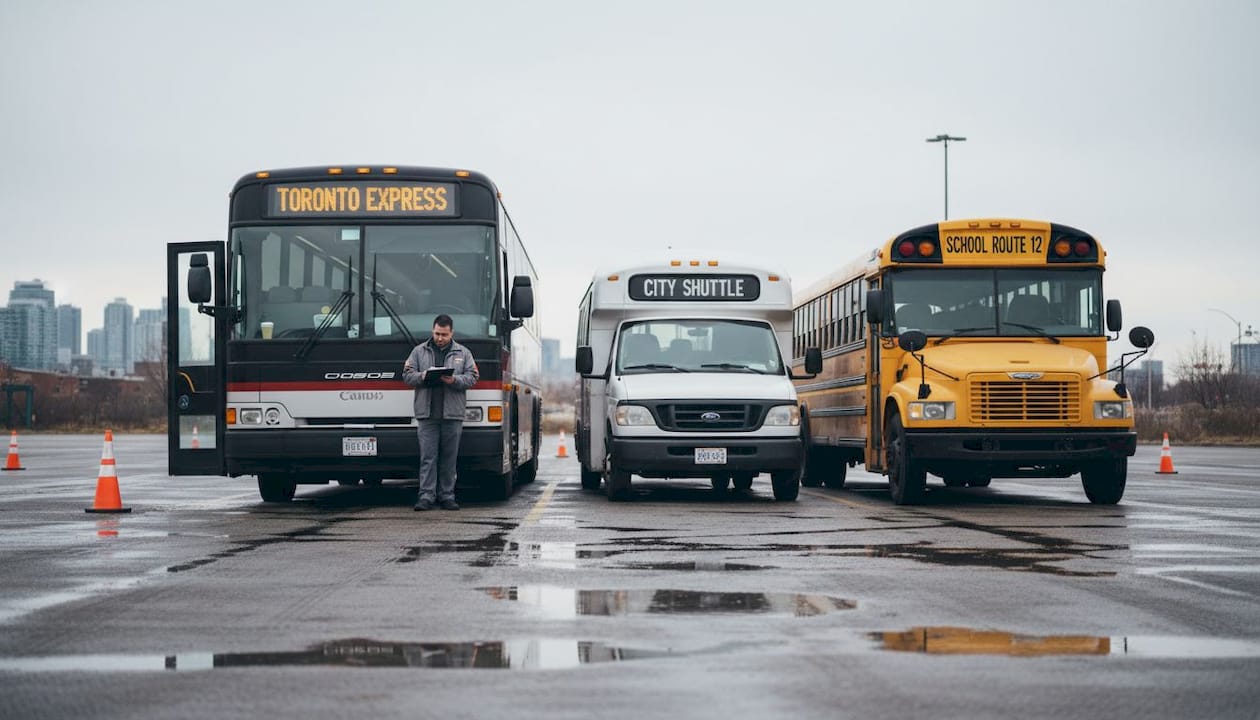 Three bus types parked for comparison