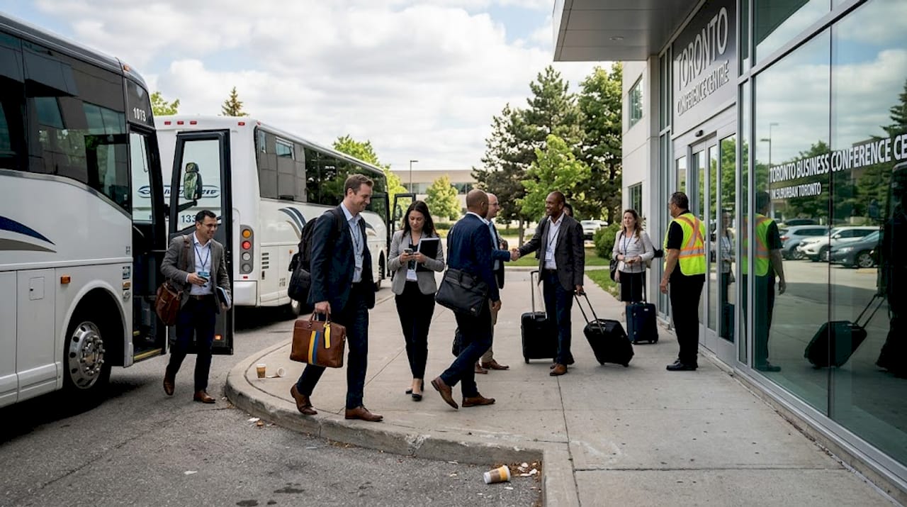 Charter buses arriving for group event