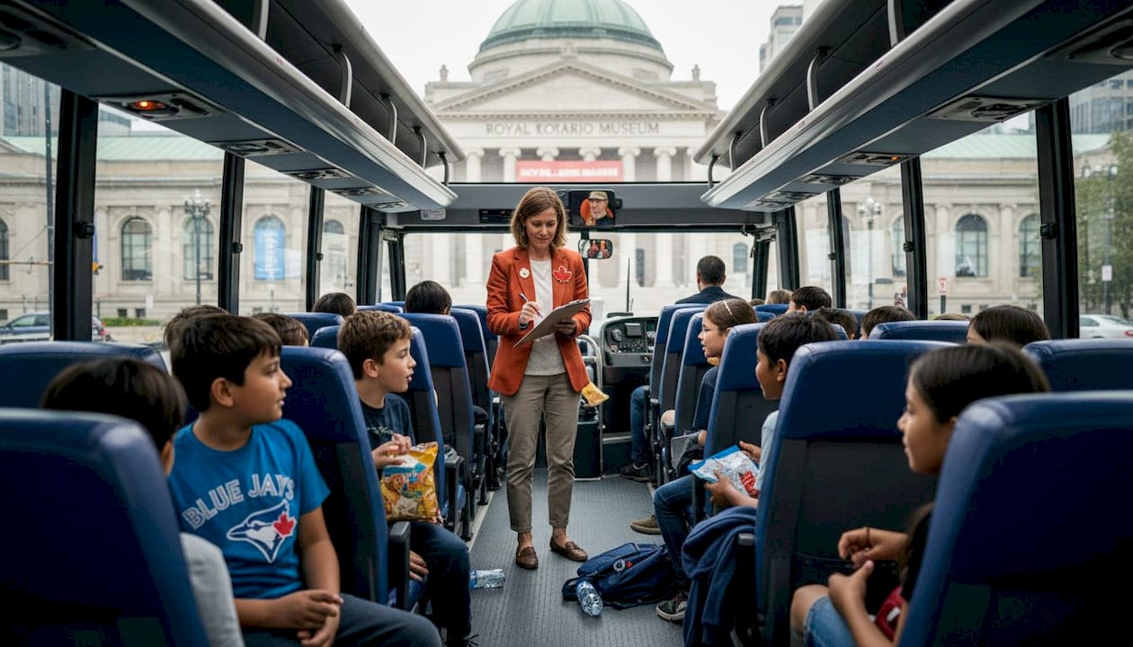 Teacher supervising students on charter bus