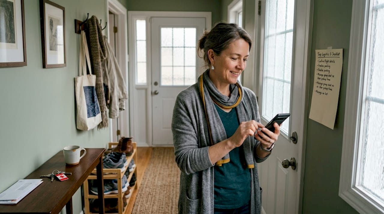 Woman coordinating group bus travel from home