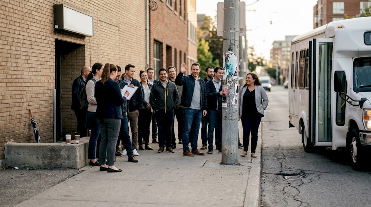 Group organizes boarding at bus pickup spot