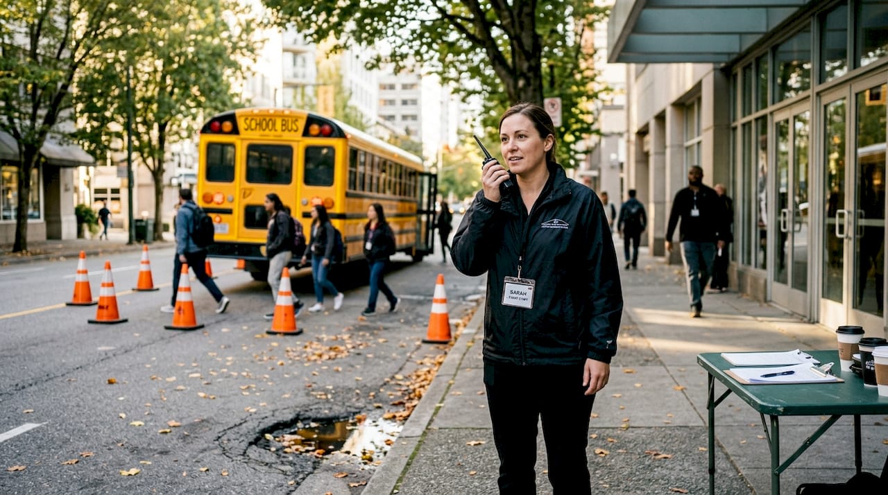 Event staff guiding guests from school bus