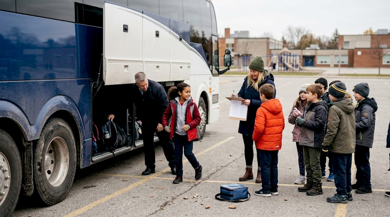 Students and teachers boarding charter bus at school