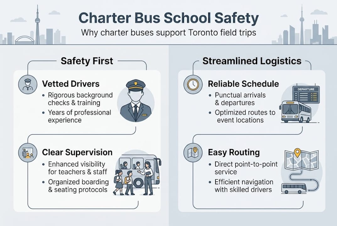 Infographic shows charter bus safety and logistics highlights