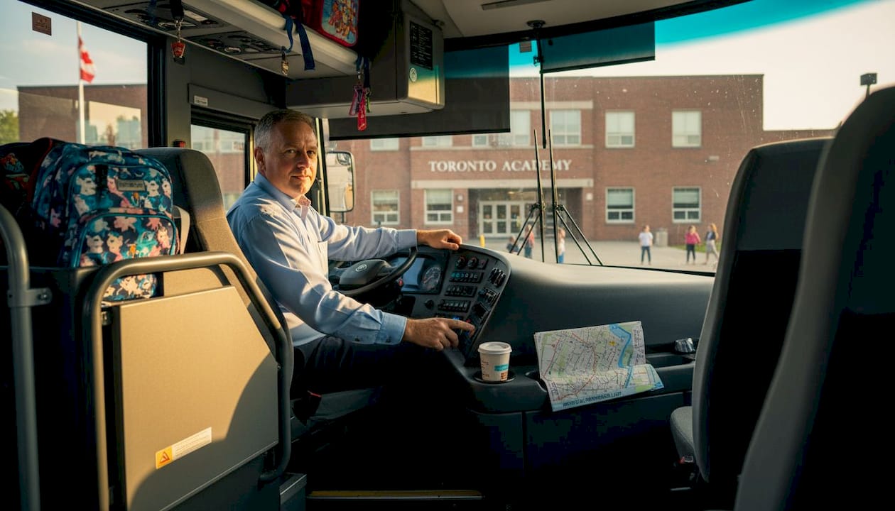Charter bus driver adjusts dashboard Toronto trip