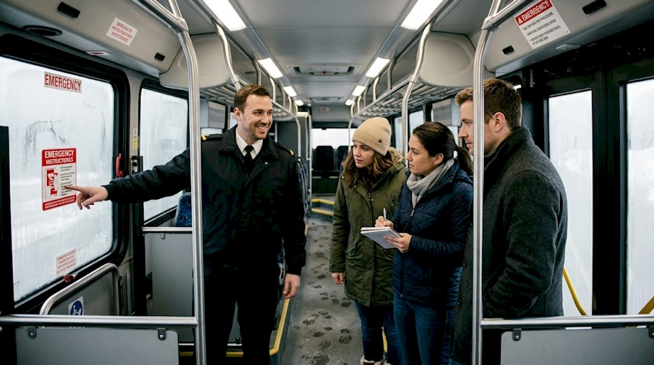 Driver explains bus emergency exit to group