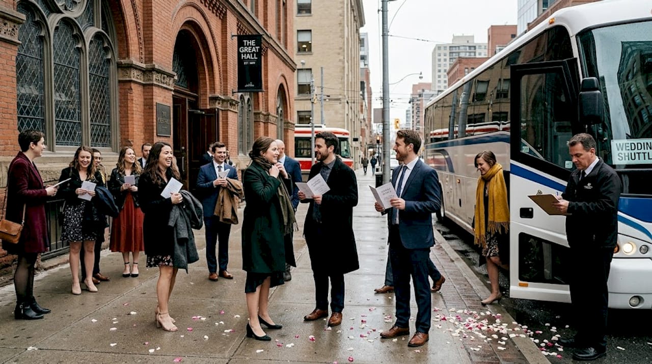 Wedding guests unloading from bus at city venue