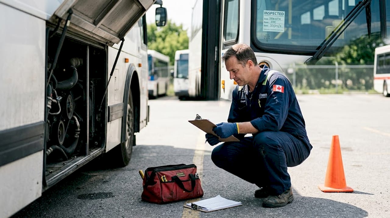 Mechanic checks bus safety checklist in parking lot