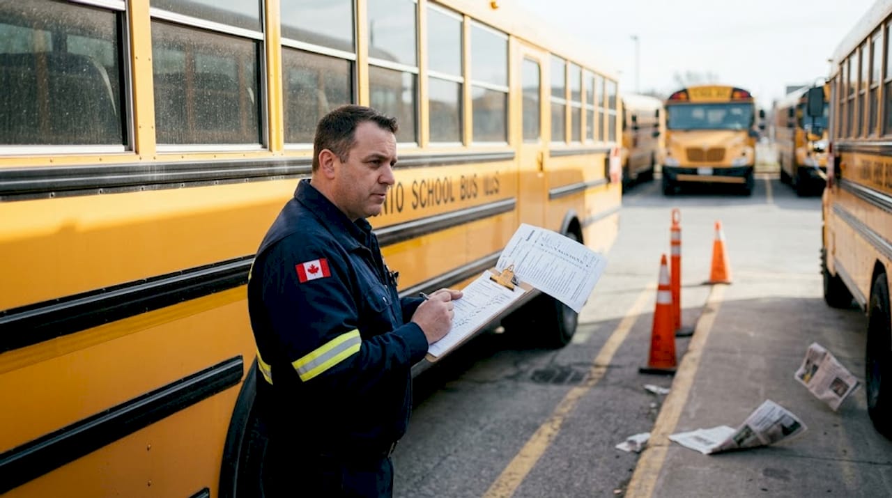 Supervisor inspects bus for Toronto compliance