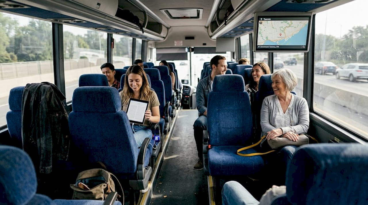 Charter bus interior with amenities and group