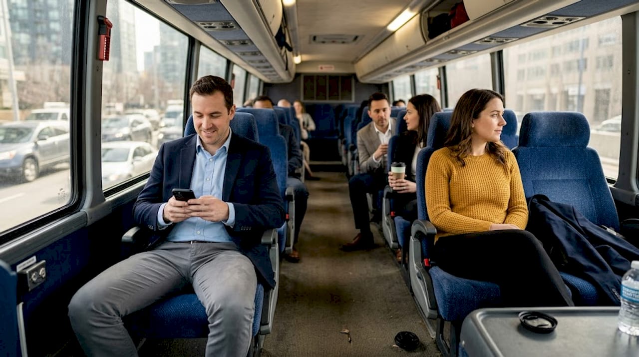 Passengers enjoying comfort on charter bus interior