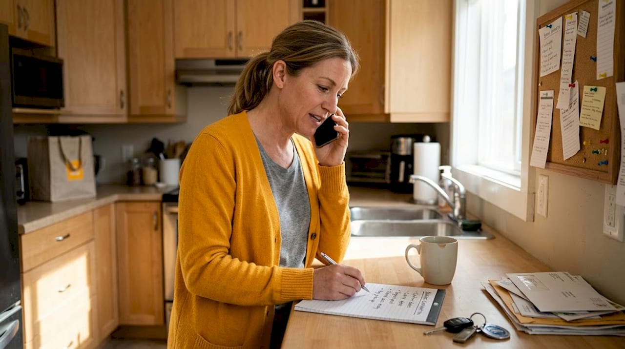 Woman confirming bus rental details by phone