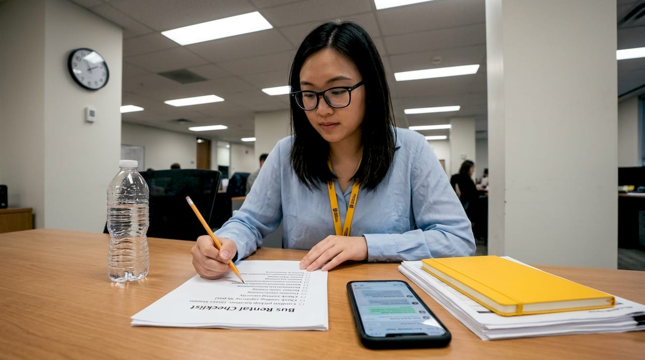Coordinator reviewing charter bus planning checklist