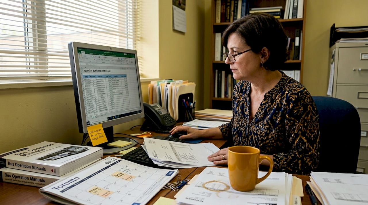 Administrator reviewing bus rental paperwork