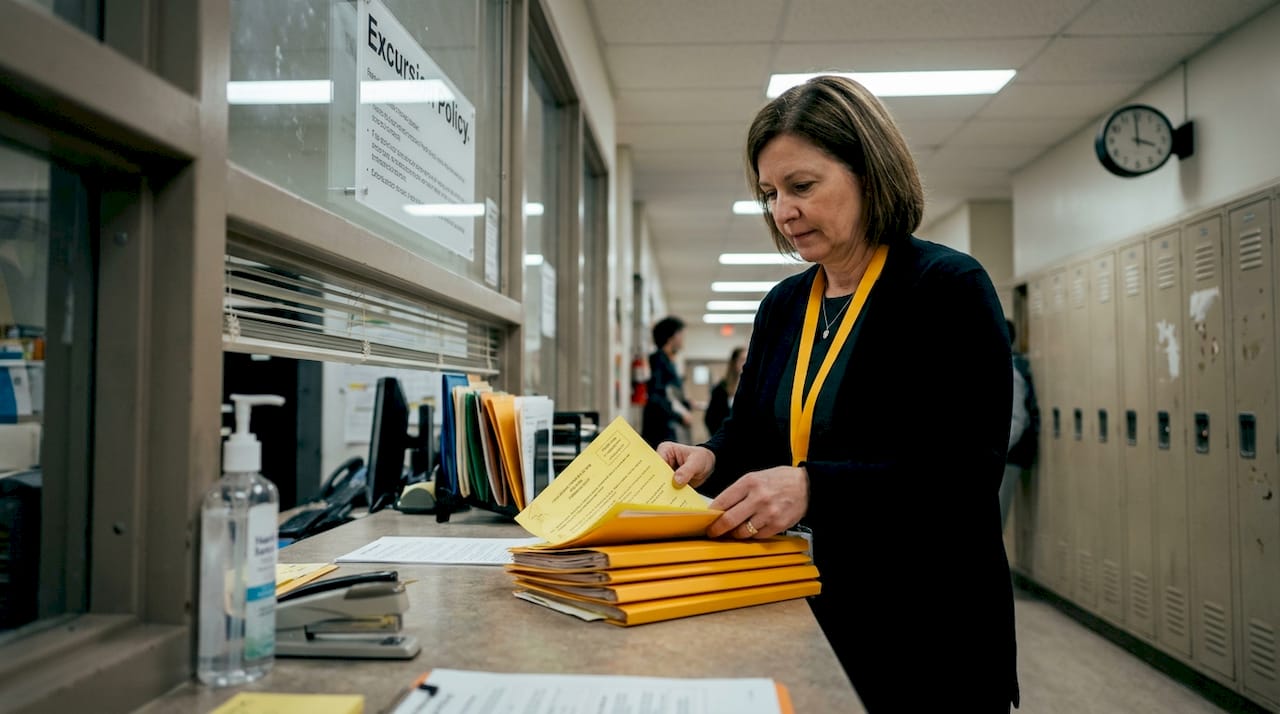 Administrator sorts school trip paperwork at counter