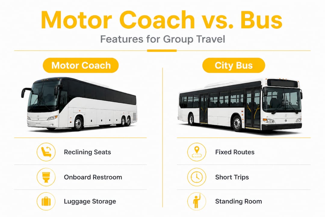 Split infographic comparing motor coach and city bus